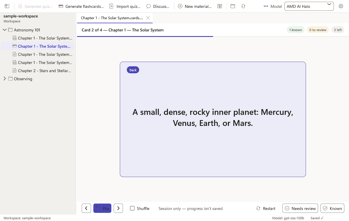 A flashcard session with the back of a card showing the definition of an astronomical unit.