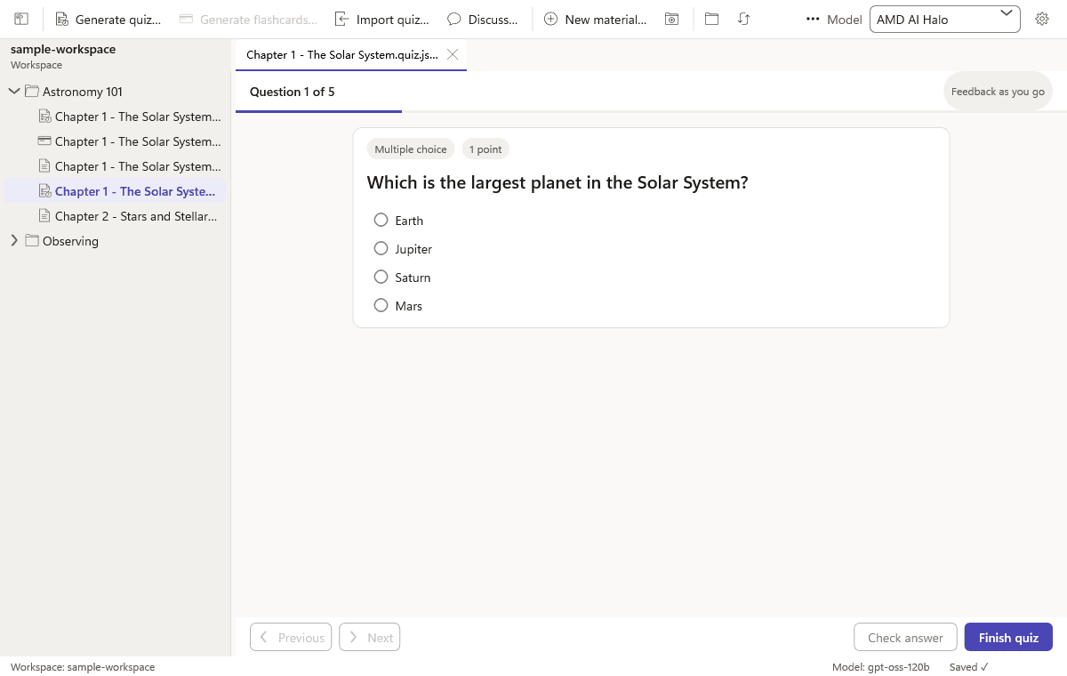 A multiple-choice question about the Solar System, with the library folder open beside it.